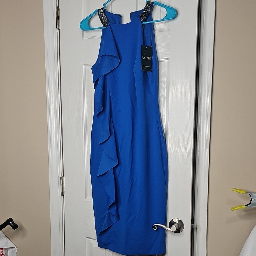 Ralph‎ Lauren Blue Ruffle Midi Dress Elegant Beaded